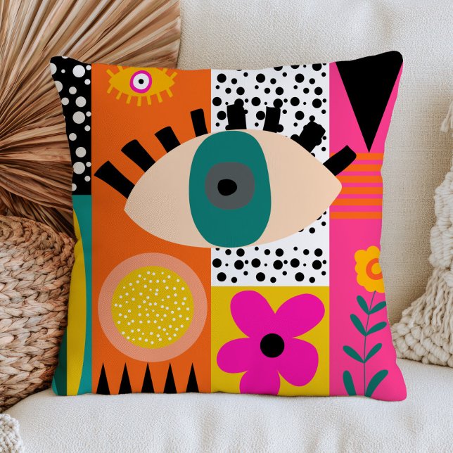 Funky Evil Eye Abstract Bohemian Bold Maximalist  Cushion (Creator Uploaded)