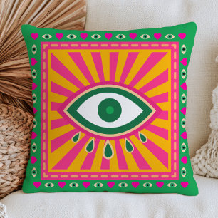 Funky Evil Eyes Retro Sunrays Green Maximalist Cushion