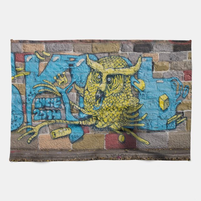 Funky Fantasy Horned Owl Graffiti Tea Towel (Horizontal)
