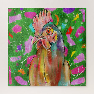 Funky Farmyard: Hand-Painted Hen on a Green meadow Jigsaw Puzzle