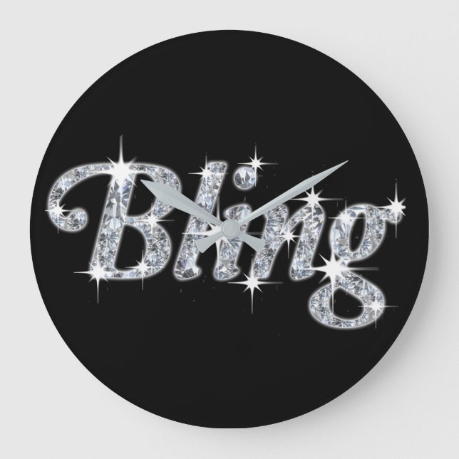 Funky faux silver effect bling text diamond image large clock (Front)