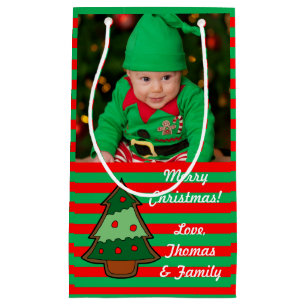 Funky Festive Tree and Stripes Custom Photo Small Gift Bag