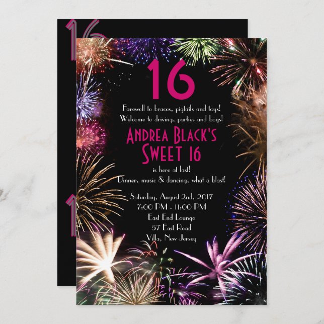 Funky Fireworks Sweet 16 Birthday Invitation (Front/Back)