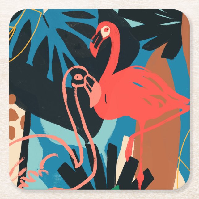 Funky Flamingo Square Paper Coaster (Front)