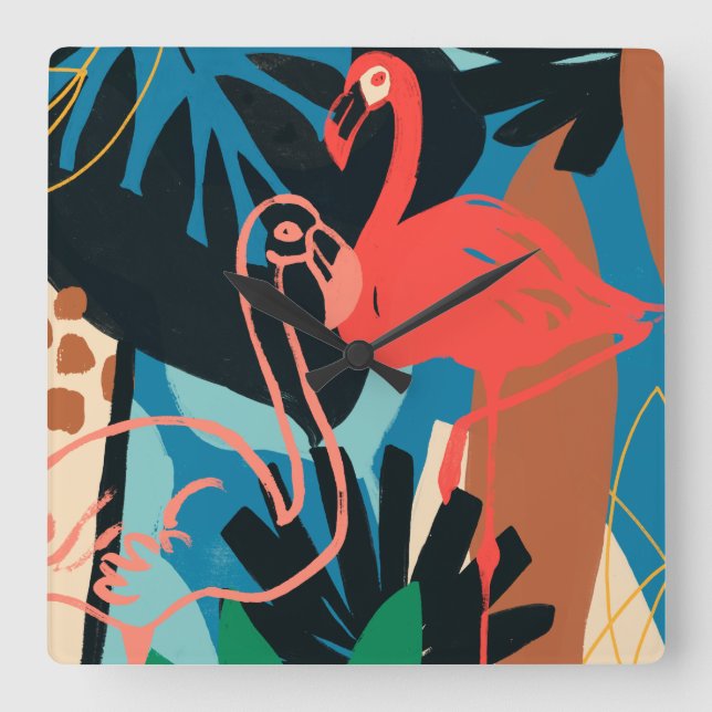 Funky Flamingo Square Wall Clock (Front)