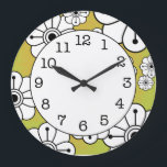 Funky Floral Decorative Wall Clock<br><div class="desc">This contemporary floral decorative wall clock features black and white flowers arranged in a funky floral design. Background is yellow green with an orange halftone pattern.</div>