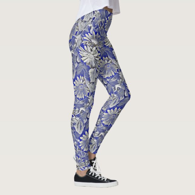 Funky floral in bold blue and grey Leggings (Right)