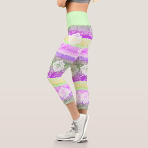 Funky Floral On Retro Chic Cool Stripes Pattern Capri Leggings