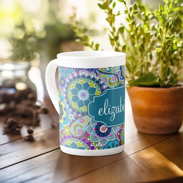 Funky Floral Pattern with Custom Name Bone China Mug (Personalized mug with photos and text, customize completely in the advanced design area)