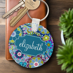 Funky Floral Pattern with Custom Name Key Ring