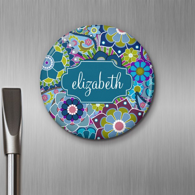 Funky Floral Pattern with Custom Name Magnet (Personalized Fridge Magnet - Add Custom Text)