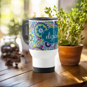 Funky Floral Pattern with Custom Name Travel Mug