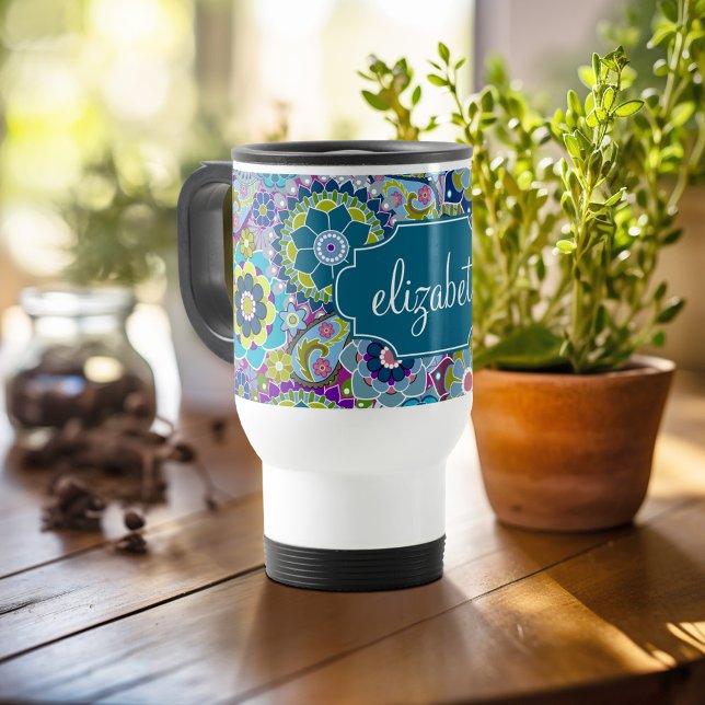 Funky Floral Pattern with Custom Name Travel Mug (Personalized travel mug - add photos and text or customize completely)
