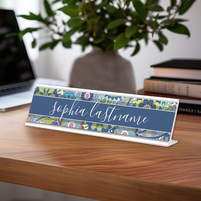 Funky Floral Pattern with Handwritten Signature Desk Name Plate (Custom Nameplate - Add Name and Title for Executive Sign or customize in the design area)