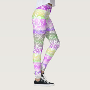 Funky Floral Purple Lime Green Stripes Pattern Leggings
