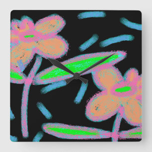 Funky Flowers Abstract Art Square Wall Clock