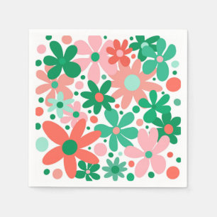 Funky flowers in green, peach & coral napkin