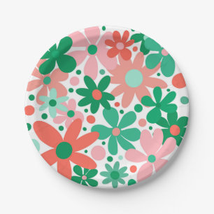 Funky flowers in green, peach & coral paper plate