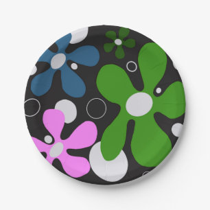 Funky flowers in green, pink, & blue paper plate