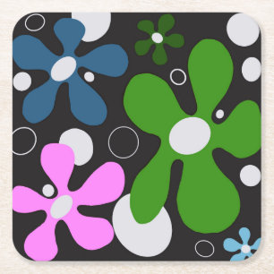 Funky flowers in green, pink, & blue square paper coaster