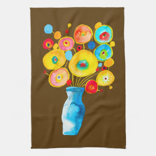 Funky flowers watercolor art tea towel