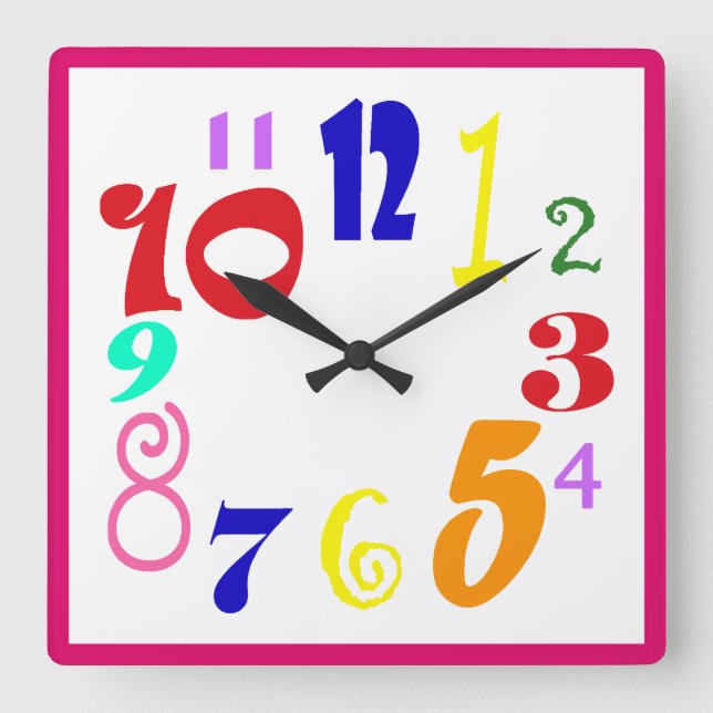 Funky fun multicoloured oversized numbers. square wall clock (Front)