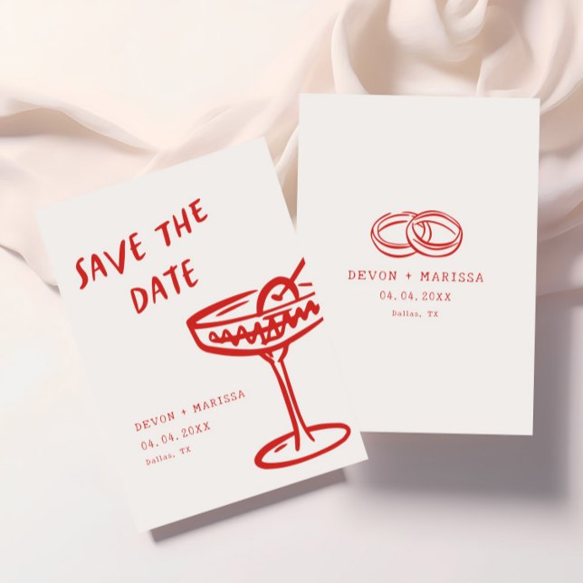 Funky + Fun Red Modern Retro Illustrated Wedding Save The Date (Creator Uploaded)
