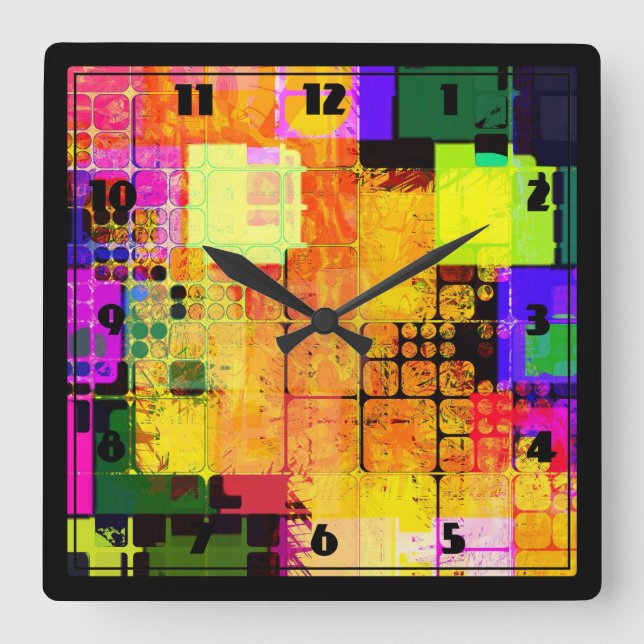 Funky Geometric Multicolored Design Square Wall Clock (Front)