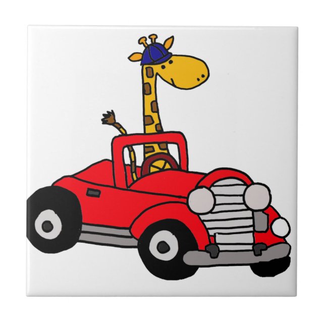 Funky Giraffe Driving Red Convertible Tile (Front)