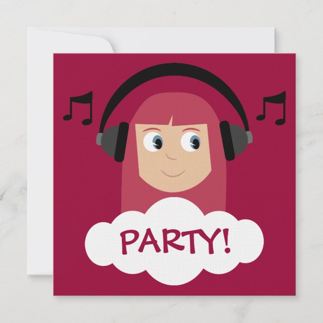 Funky Girl DJ With Headphones Red Custom Party Invitation (Front)