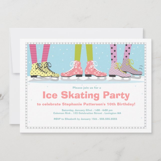 Funky Girls Ice Skating Birthday Party Invitation (Front)