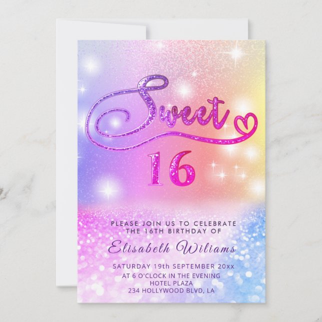 Funky Glam girly colourful glitter script Invitation (Front)