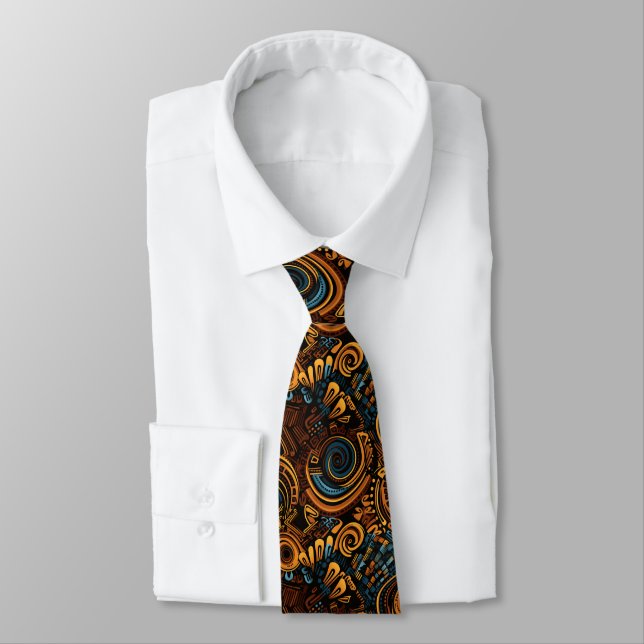 Funky Gold Blue African Pattern Tie (Tied)