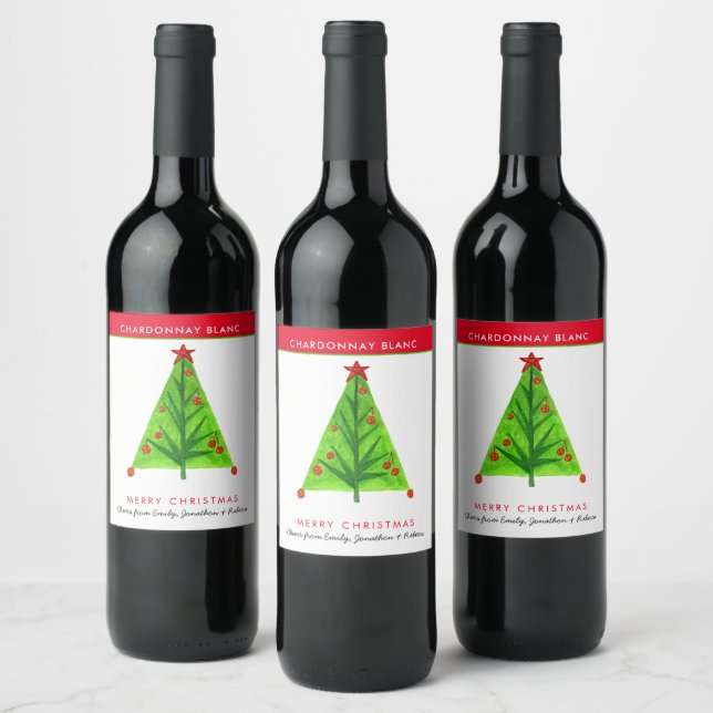 Funky Green Christmas Tree Name Merry Christmas Wine Label (Bottles)
