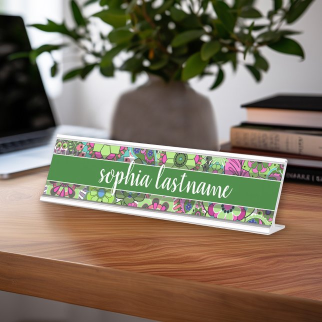 Funky Green Floral Pattern Handwritten Signature Desk Name Plate (Fun Custom Name Plate - Desk Sign with Name or other text)