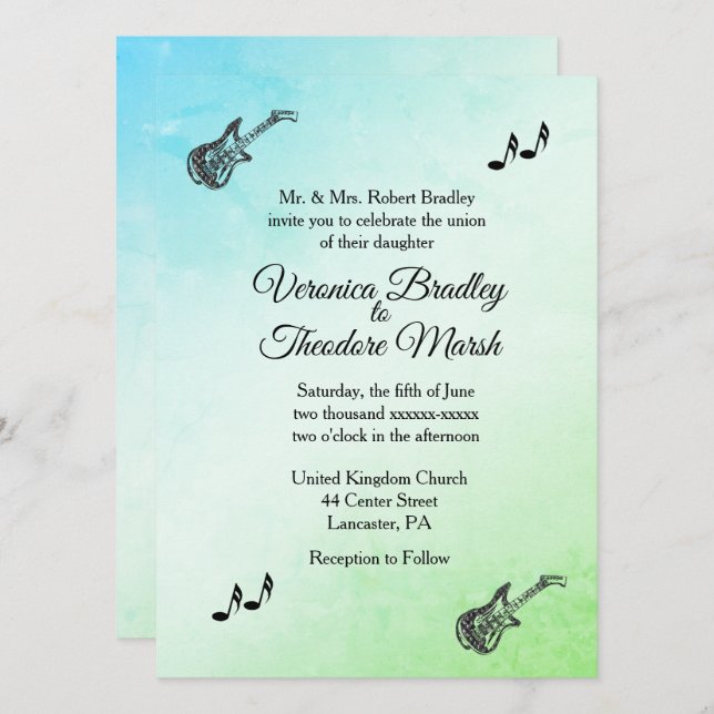 Funky Green Guitar Theme Wedding Invitation   (Front/Back)