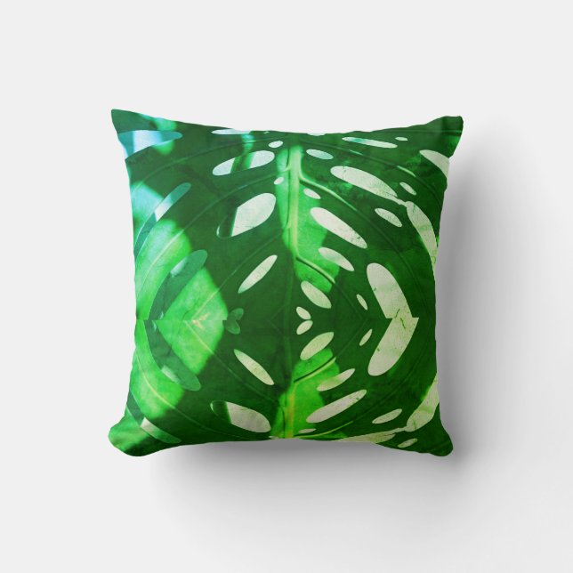 Funky Green Leaf Throw Pillow Cushion (Front)