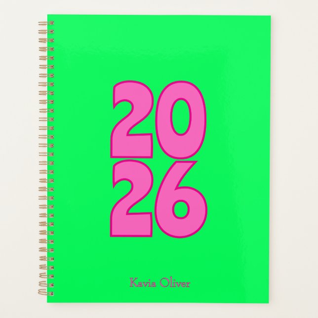 Funky Green & Pink Bold Writing Year Planner (Front)