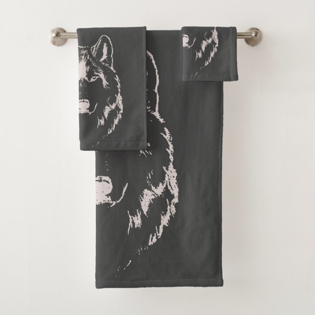 Funky Grey And White Wolf Face Head Sketch Bath Towel Set (Insitu)