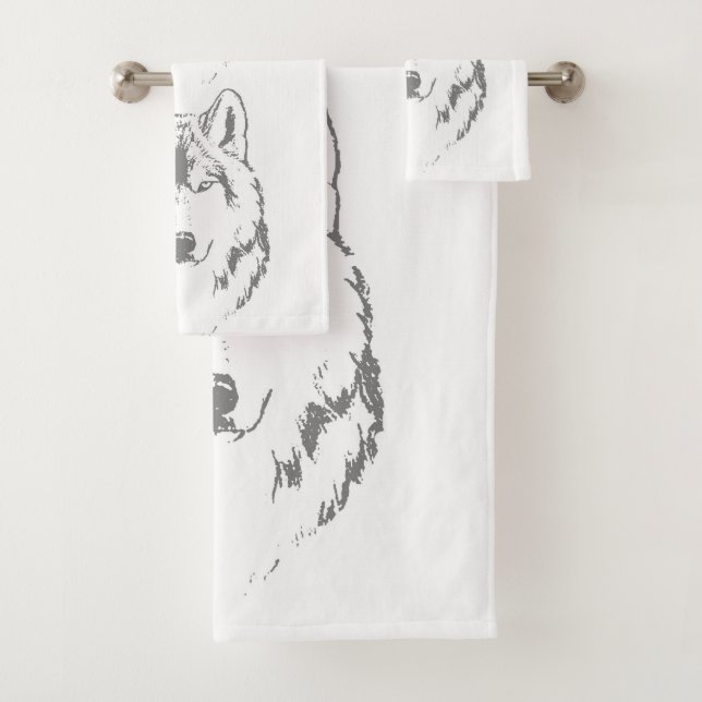Funky Grey And White Wolf Face Head Sketch Bath Towel Set (Insitu)