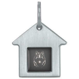Funky Grey And White Wolf Face Head Sketch Pet ID Tag