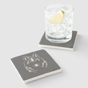 Funky Grey And White Wolf Face Head Sketch Stone Coaster