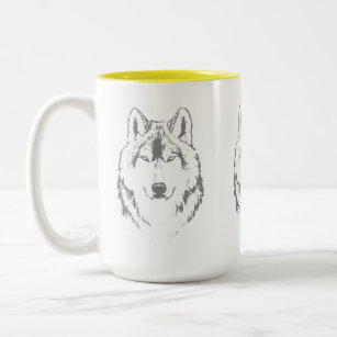 Funky Grey And White Wolf Face Head Sketch Two-Tone Coffee Mug