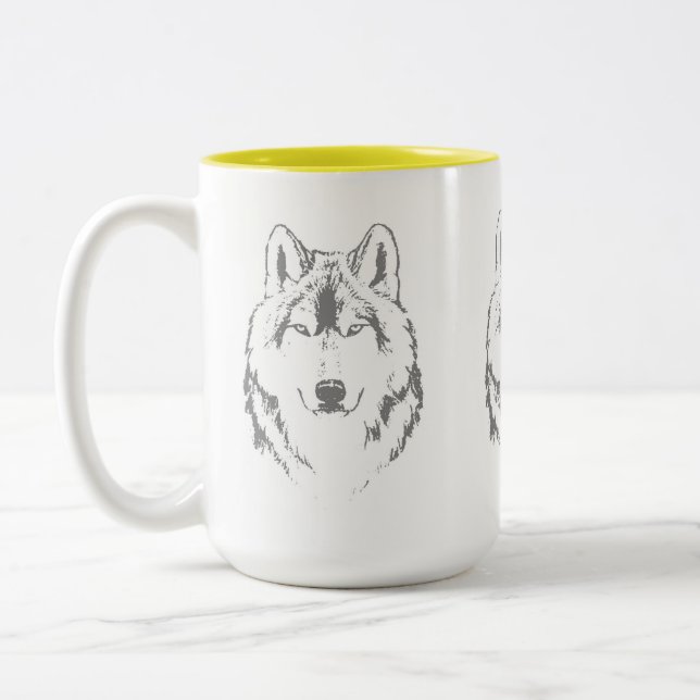 Funky Grey And White Wolf Face Head Sketch Two-Tone Coffee Mug (Left)