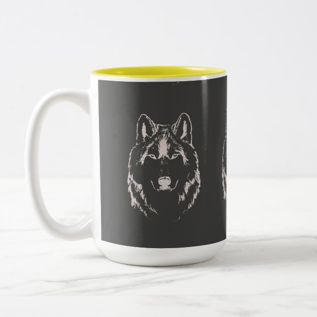 Funky Grey And White Wolf Face Head Sketch Two-Tone Coffee Mug (Left)