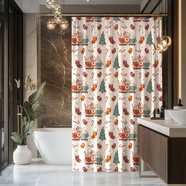 Funky Groovy Christmas 70s Pastel Colours Joy Shower Curtain (Funky Christmas Curtain 70s Pastel Shower Joy)