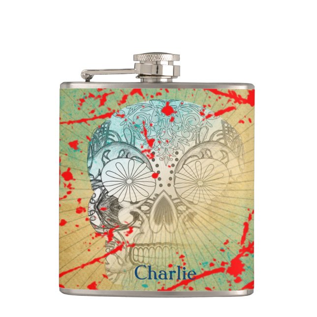 Funky Grunge Sugar Skull Personalised Hip Flask (Front)