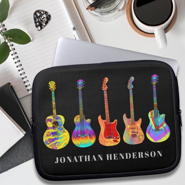 Funky Guitar Pattern on Black add Name Laptop Sleeve (Funky guitar pattern on black with personalized name music teacher guitarist musician performer )