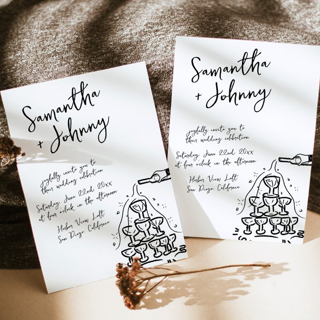 Funky Hand Drawn Champagne Tower Wedding Invitation (Creator Uploaded)