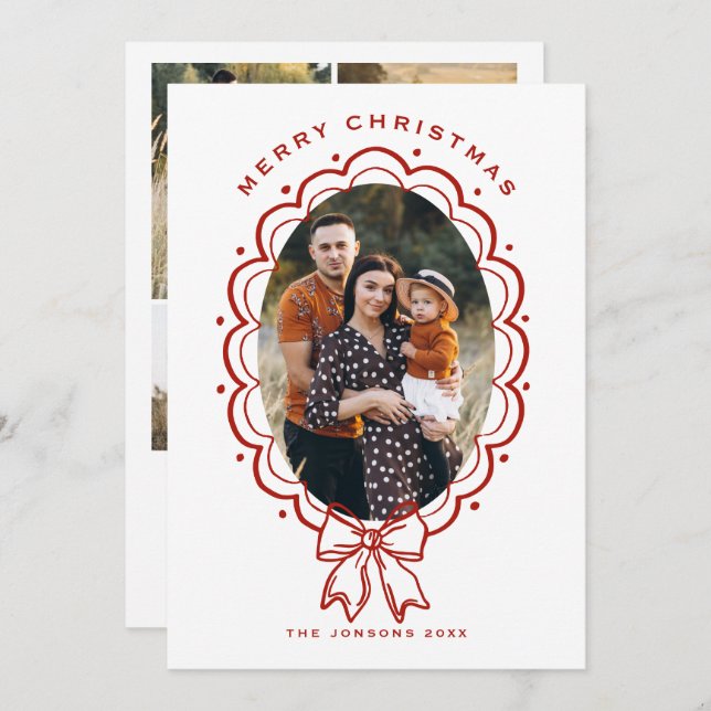 Funky Hand Drawn Christmas Red Bow 5 Photo Holiday Card (Front/Back)